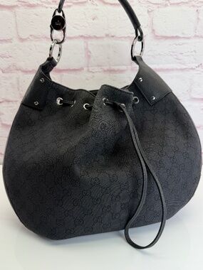 Gucci Large Black Denim GG Canvas Clip Hobo Drawstring Bag